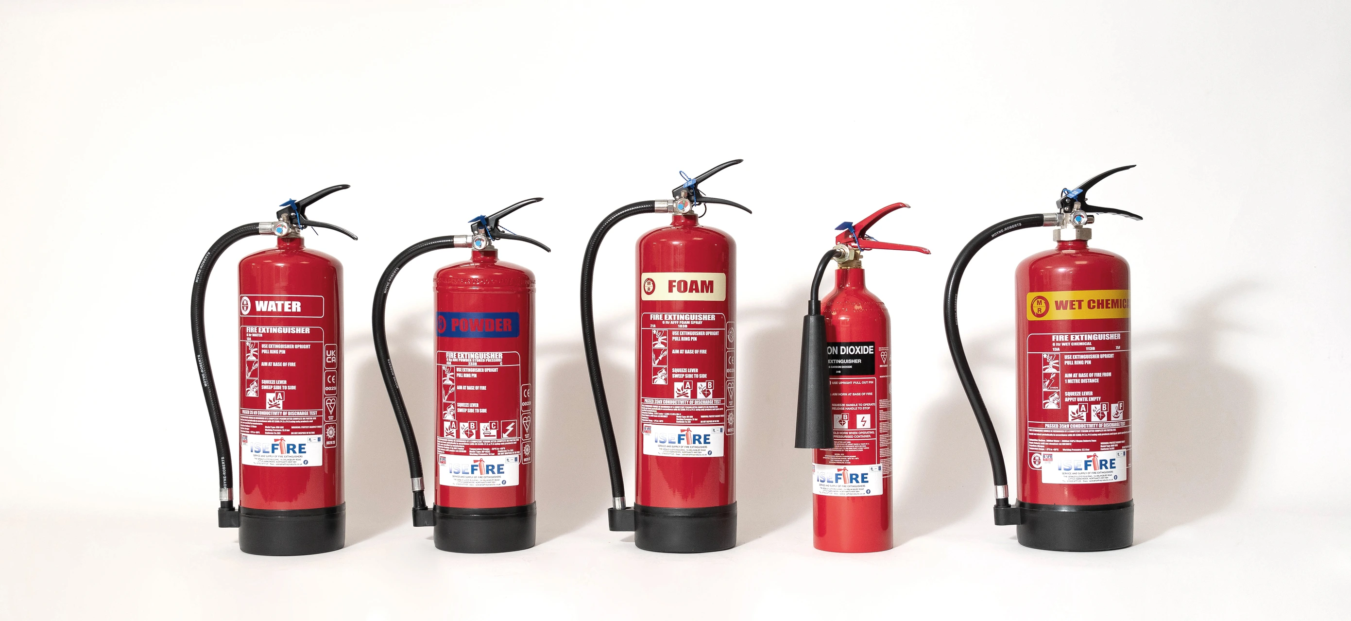 Fire extinguishers different colours.