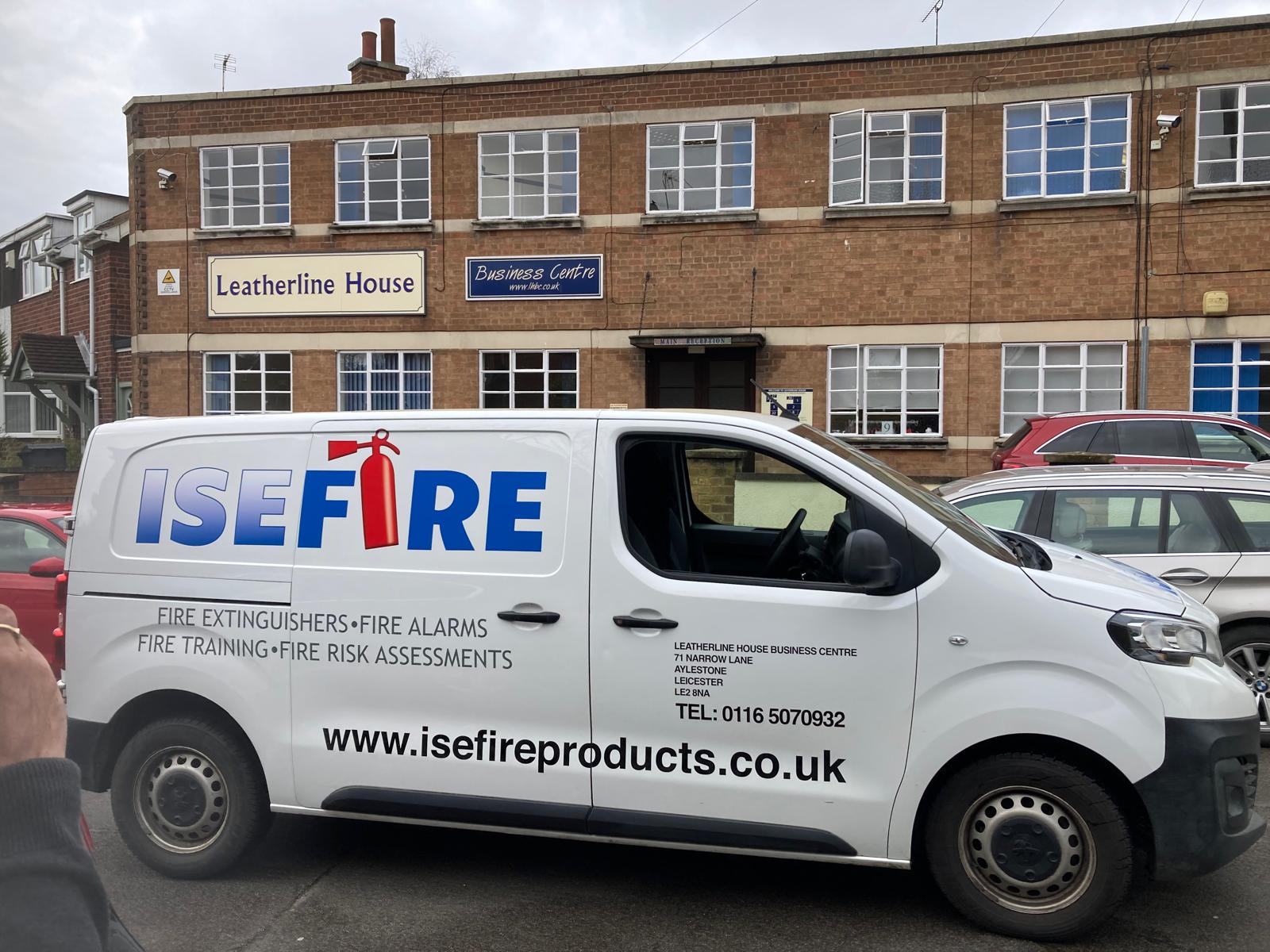 ISE Fire van parked outside the Leicester Leatherline House office